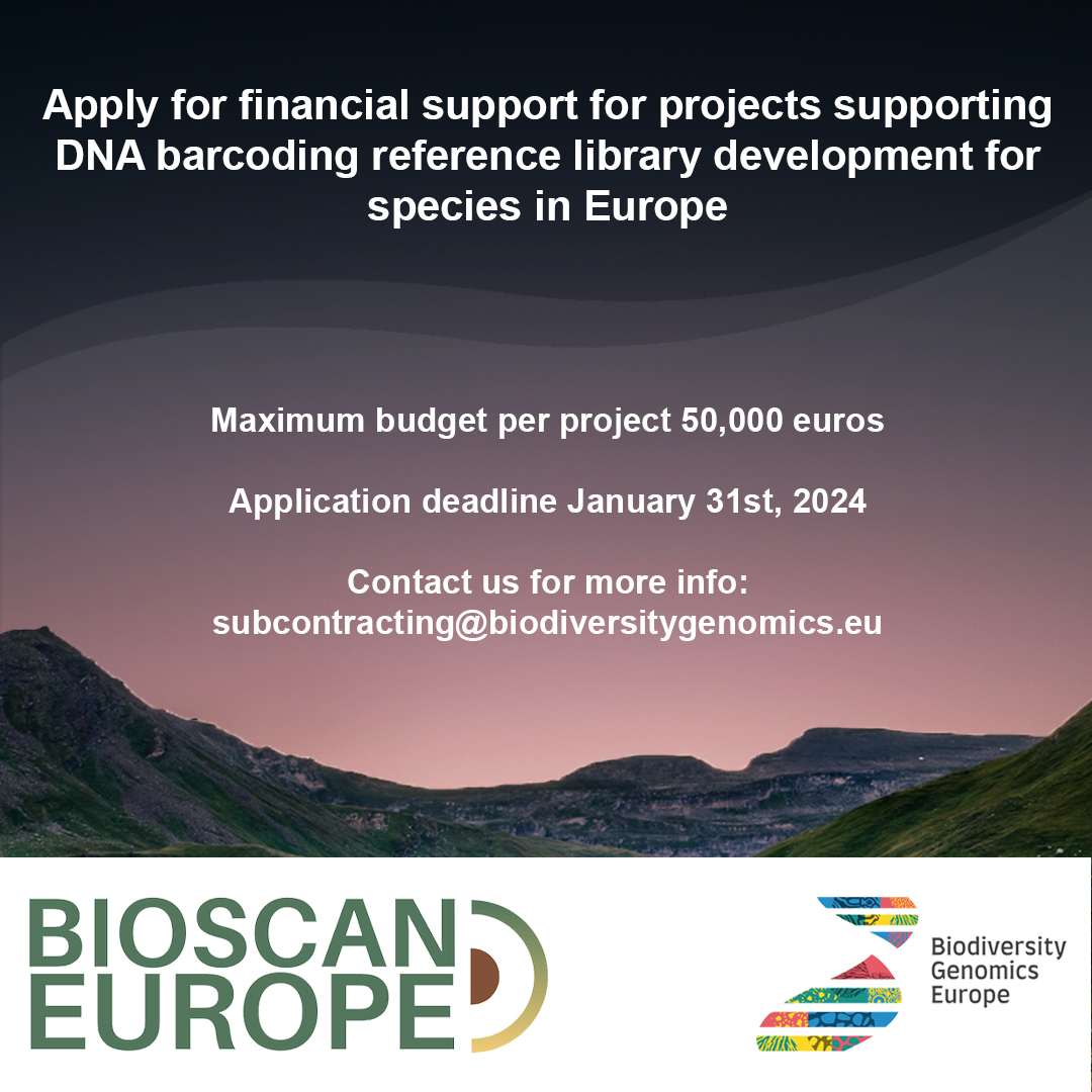 🚨Open call of the barcoding stream of @BioGenEurope for the wider European research community aimed at researchers interested in contributing to the construction of #DNAbarcode #reference #libraries for species in Europe.🧬 See more info: biodiversitygenomics.eu/2023/11/27/ope…