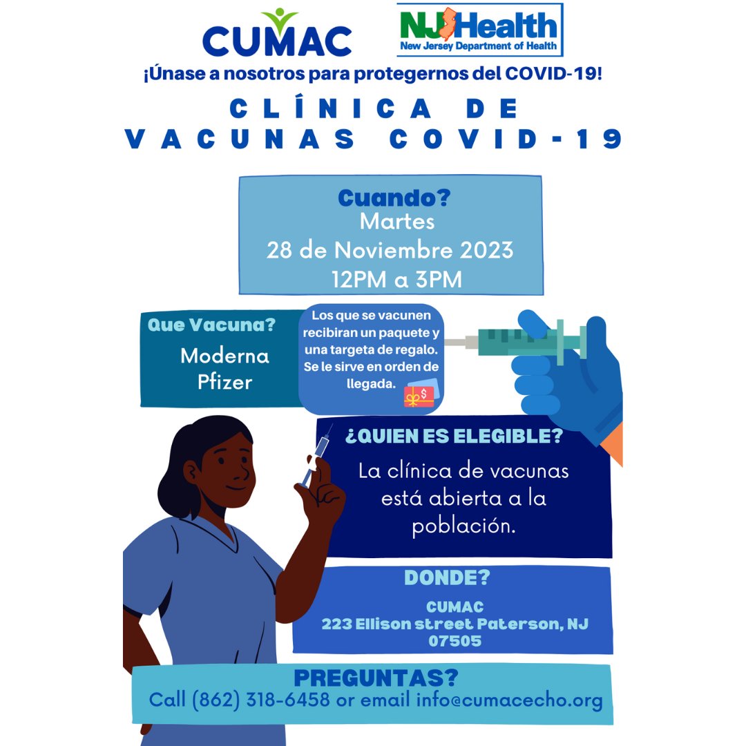 CUMAC is hosting a COVID-19 vaccine clinic tomorrow, Tuesday, November 28th, at 223 Ellison Street, Paterson. The clinic is 12:00pm-3:00pm and will have Moderna and Pfizer vaccines. 

Come by CUMAC tomorrow for your vaccine!
