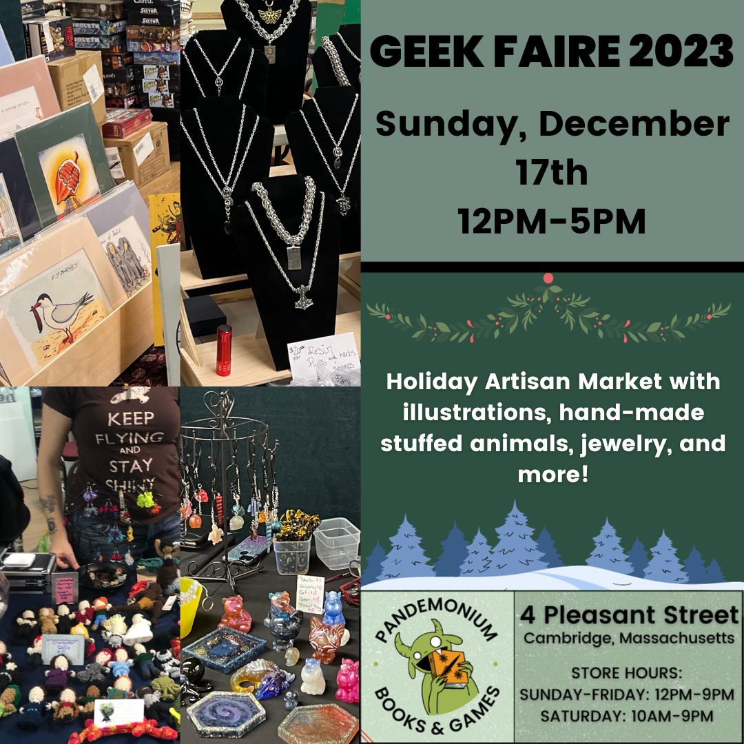 Join us on Sunday, December 17th for our annual Geek Faire! We'll have vendors selling a variety of nerdy goods. Illustrations, zines, hand-made stuffed animals, jewelry, and more!
