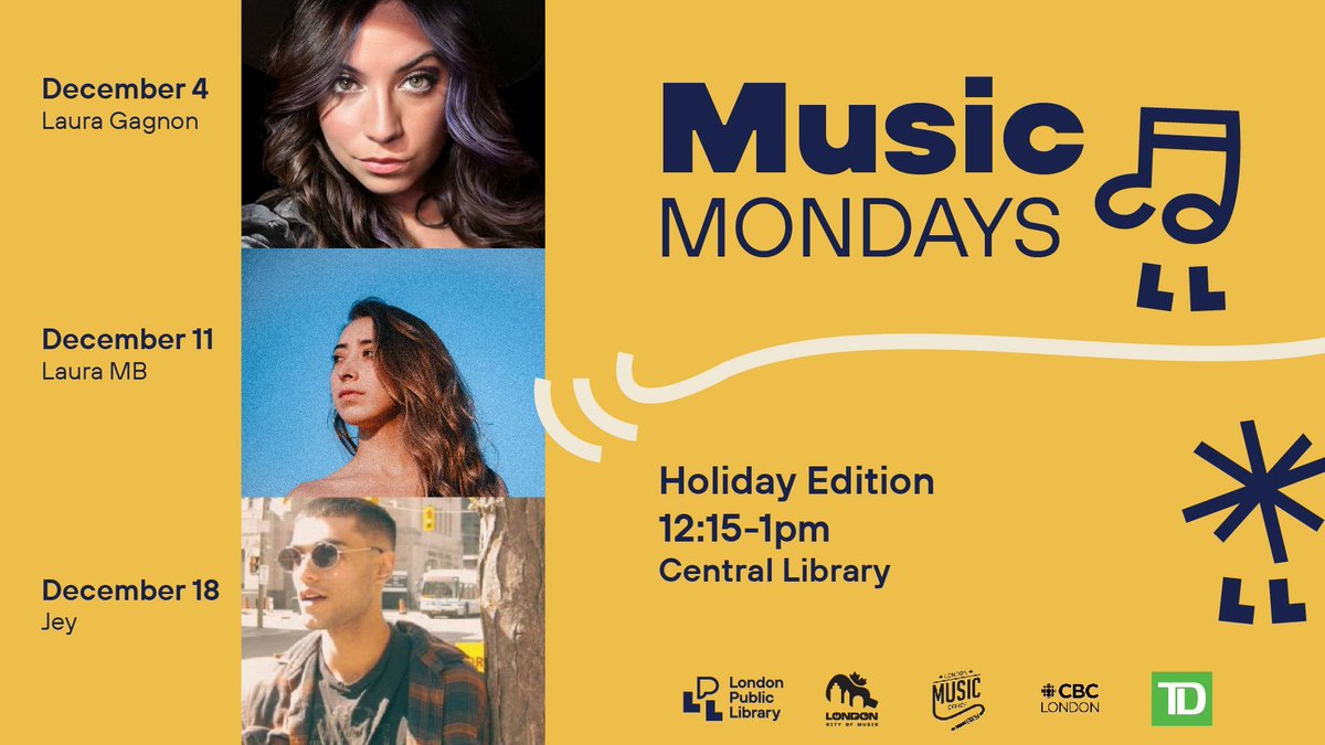 A holiday edition of Music Mondays? Yes please! @londonlibrary is the place to be to listen to holiday tunes by local artists this December. Save the dates and join us! buff.ly/3sKhrw2 December lineup: ❄️December 4 Laura Gagnon ❄️December 11 Laura MB ❄️December 18 Jey