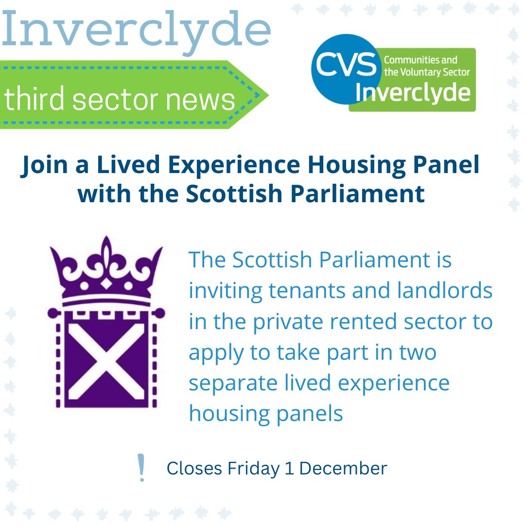 .@Engage_SP is inviting tenants and landlords in the private rented sector to apply to take part in two separate lived experience housing panels. They want to hear from different people in different circumstances living in different parts of the country. cvsinverclyde.org.uk/join-a-lived-e…