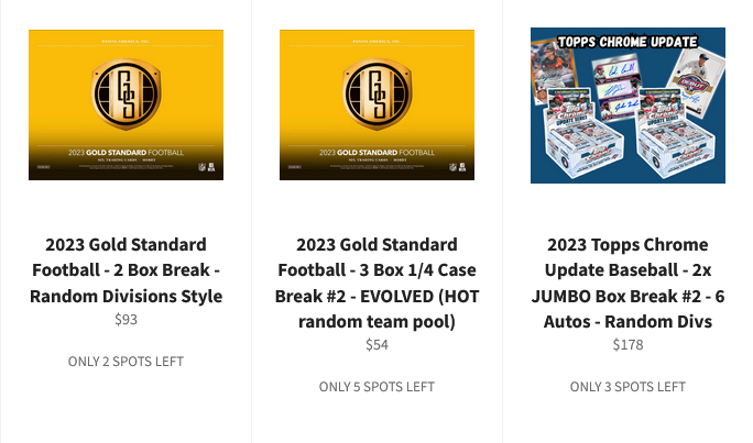 We whittled it down to just 🔟 spots available across these three breaks!

Also have some fun, inexpensive fillers posted on buckcitybreaks.com

Let's get an early start and clear the site for tonight's break drop 🙌
