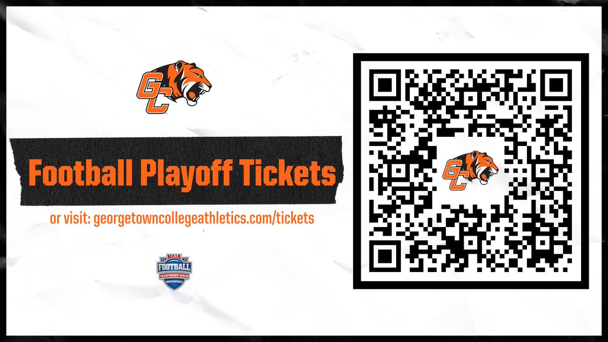 Tiger fans, tickets for this Saturday's NAIA FCS Quarterfinal against Indiana Wesleyan are now available! Scan the QR code or visit georgetowncollegeathletics.com/tickets and get your seats! We need Toyota Stadium filled with #TigerPride!
