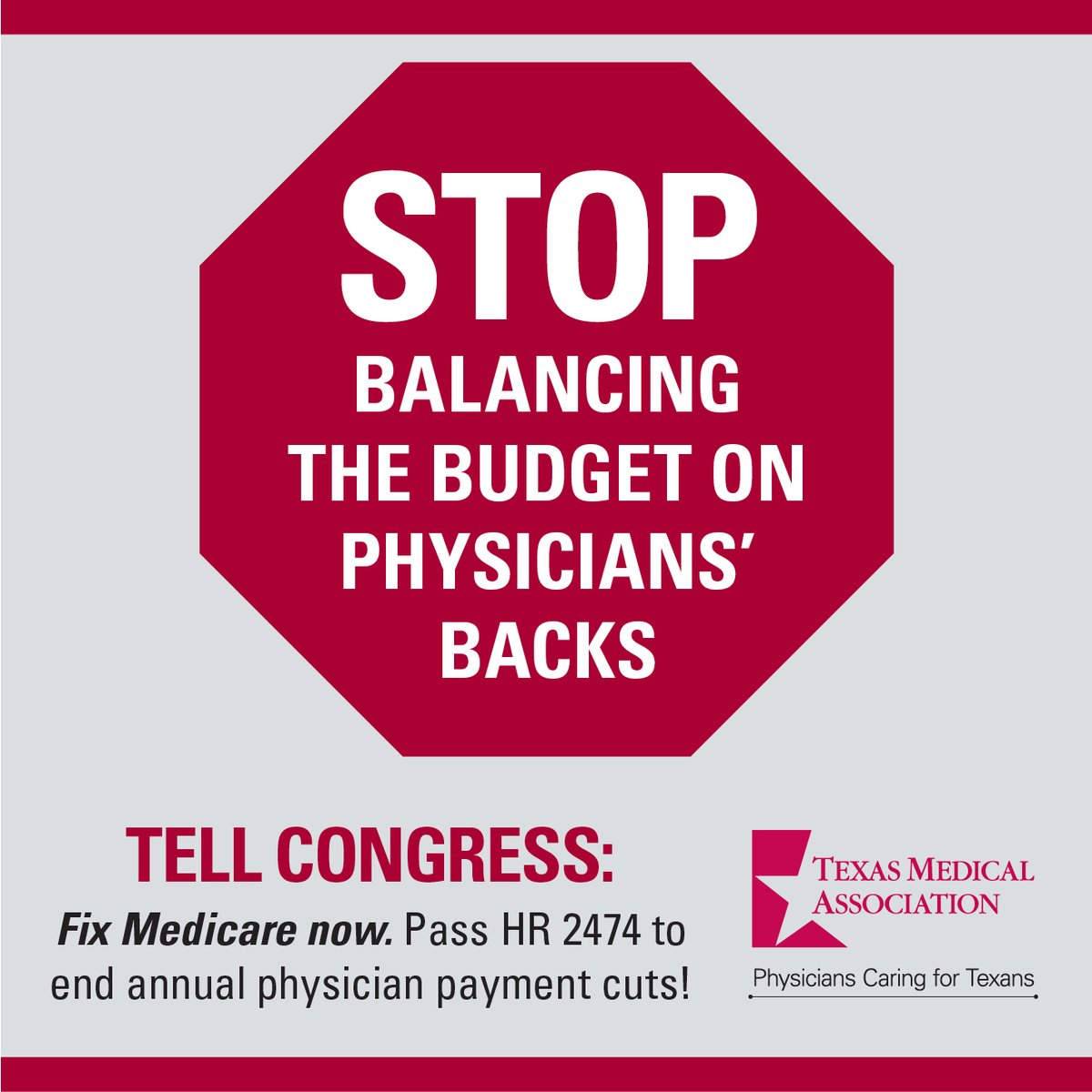 Legislative Action Alert: Stop the Payment Cuts!

Time is running out. Unless Congress acts now, physicians face another Medicare payment cut – 3.37% starting Jan. 1 – on top of the cuts in previous years. Act now. hubs.li/Q029GhK80