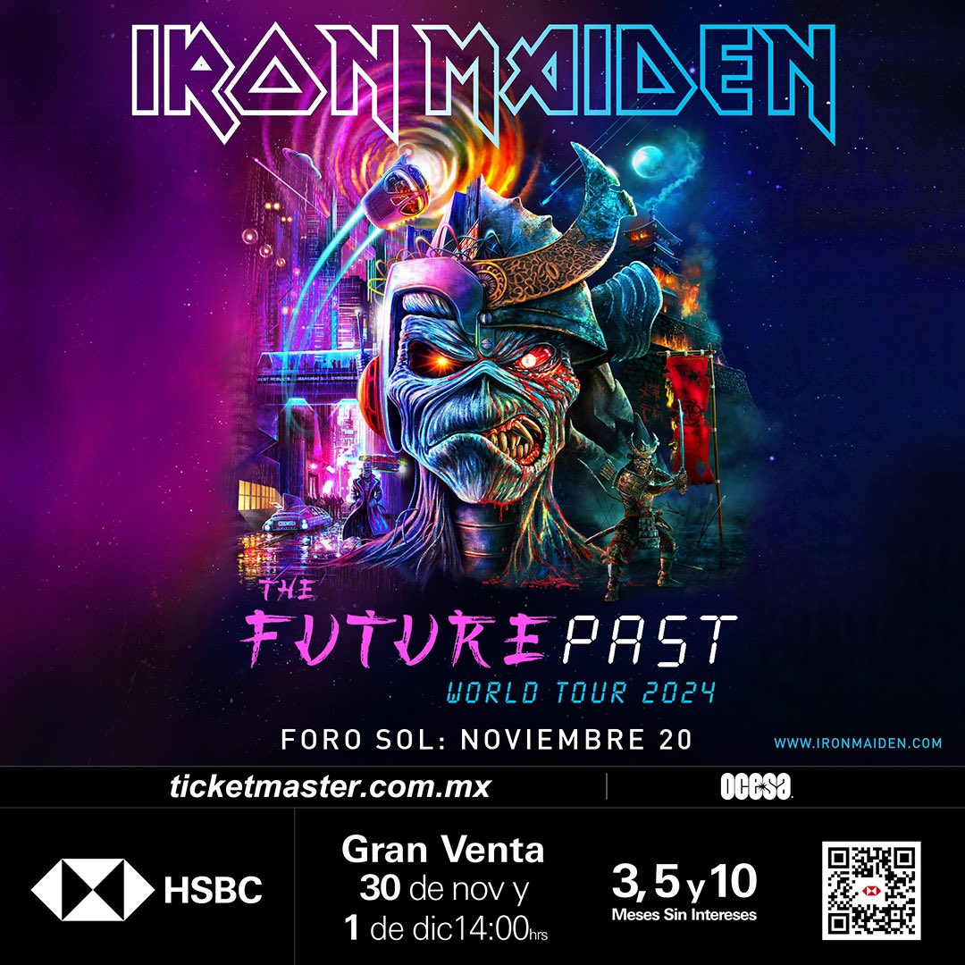 ocesa_rock's tweet photo. ¡Llega la fuerza del Future Past World Tour! ¡@IronMaiden regresa al Foro Sol! 🔥 La banda viene cargada con sus mejores éxitos a disfrutar y vivir la pasión del público mexicano. 🤟🏼 ¡No se lo pueden perder!

#GranVentaHSBC: 30 de noviembre y 1º de diciembre.
Venta general a partir del 2 de diciembre.