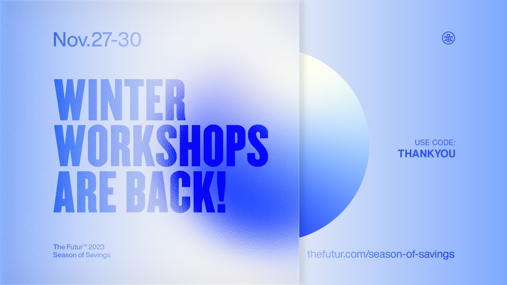 The Futur’s 2023 Winter Workshop lineup is here, and it’s all too good to miss. 🎉 Now through November 30th, you can enroll in our roster of unbelievable workshops led by some of our biggest fan favorites and industry experts. Click below to learn more! l8r.it/a6sb