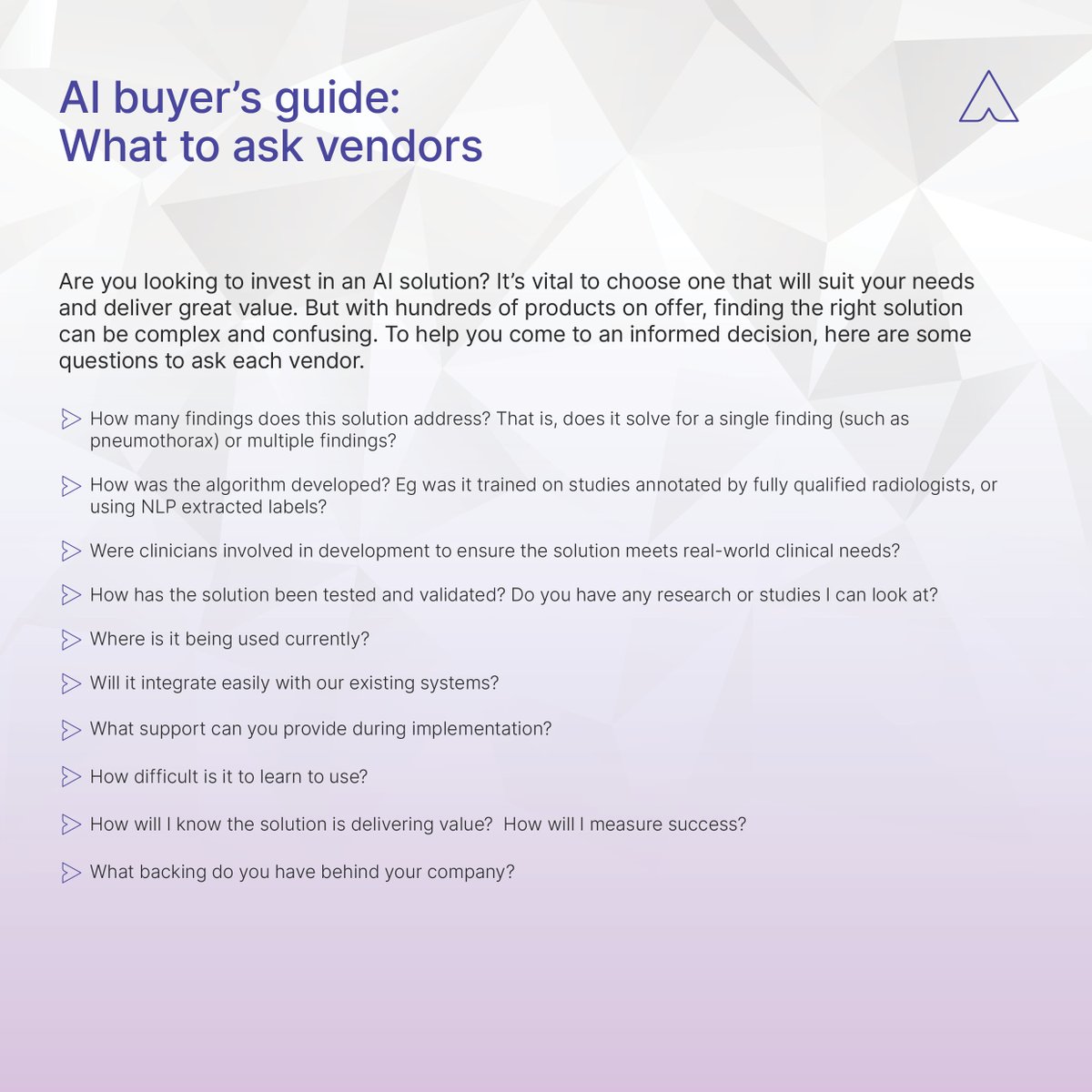 Looking to invest in radiology #AI solution? It's crucial to choose one that aligns with your current needs and adapts for the future. Navigating through all the #AI products at #RSNA23 can be overwhelming. Here are 10 questions to ask every vendor #AnnaliseInAction