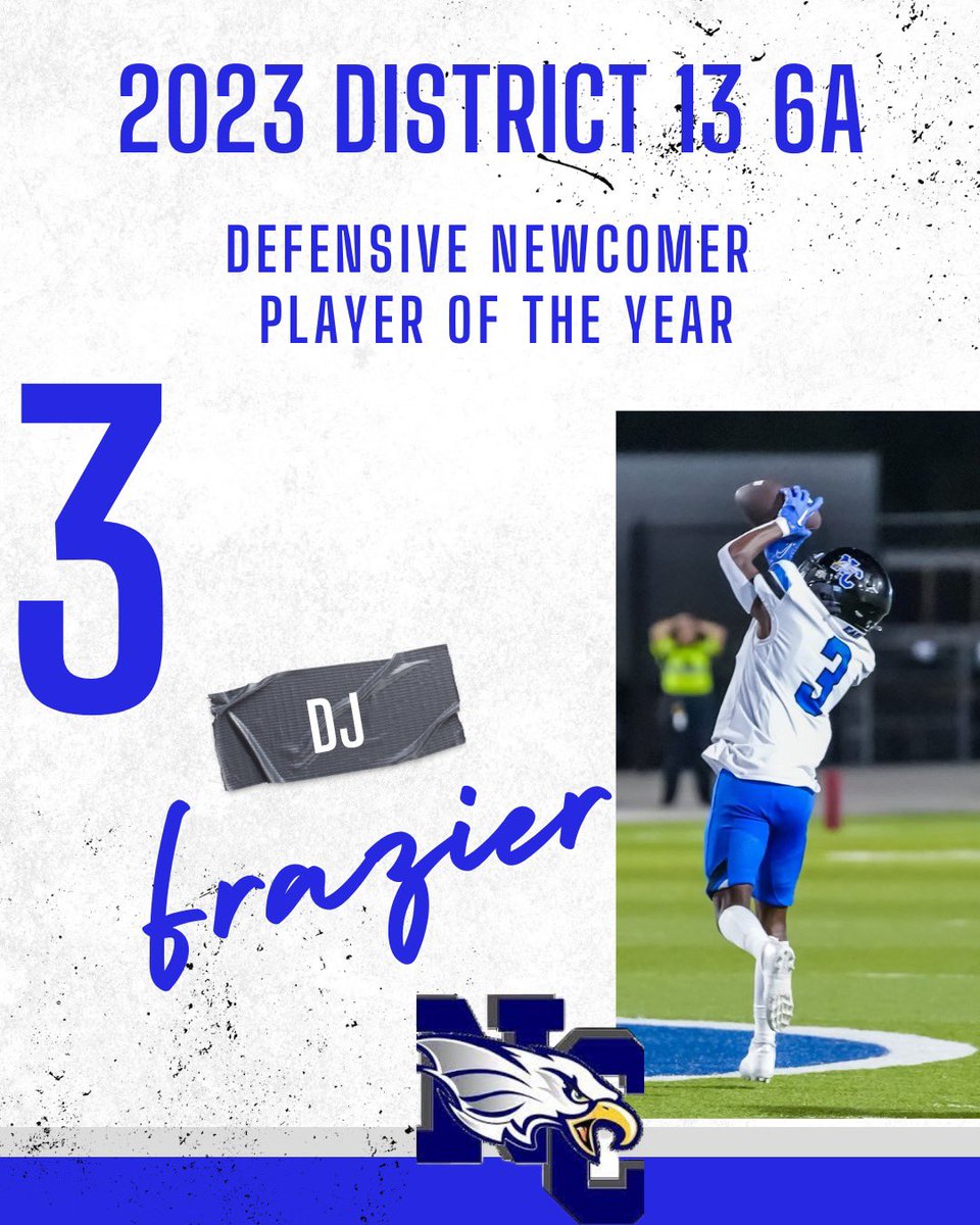 NCEagleFootball's tweet photo. Congratulations to 2023 District 13-6 Defensive Newcomer Of The Year @DjFrazier16 much deserved! #TPD #WeAreNewCaney https://t.co/fGvzAsovZs