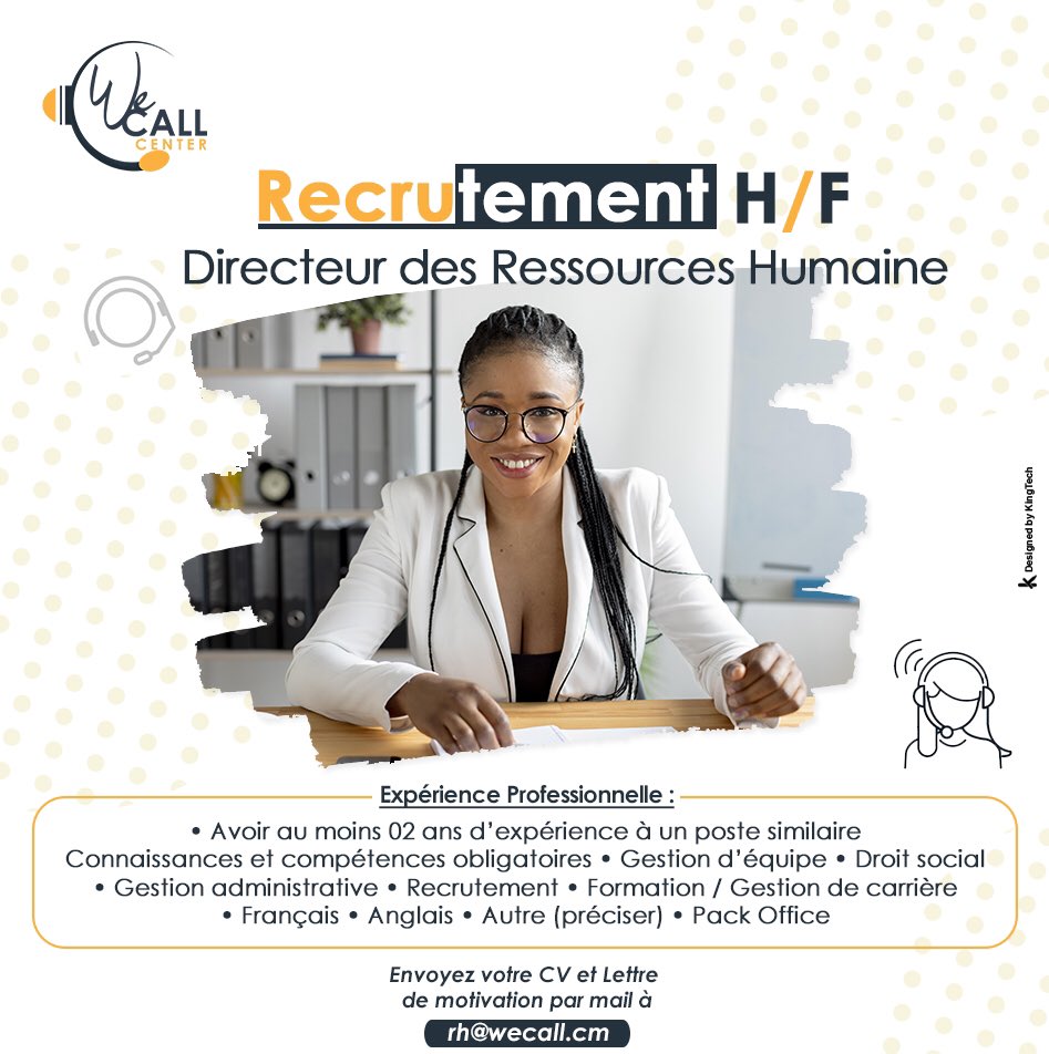 WeeCallcm's tweet photo. [ We Call Recrute ] 
Pour postuler adressez votre Candidature (CV actualisé + lettre de motivation) à l’adresse suivante : rh@wecall.cm

Date limite de réception des candidatures le 31 décembre 2023. 

#offre #emploi #televente #opportunite #Recrutement https://t.co/Cb133vC9V5