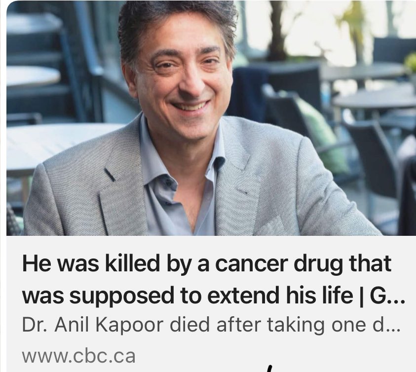 Tragic case of fatal #5FU toxicity - grateful that Dr. Anil Kapoor’s family has taken this issue public. 
<a href="/CBCTheNational/">CBC News: The National</a> 
Hopefully will push resources for routine DPYD screening 🇨🇦 
➡️<a href="/BCCancer/">BC Cancer</a> adopted DPYD testing in BC last year🙏
➡️ we need to learn more about variants in