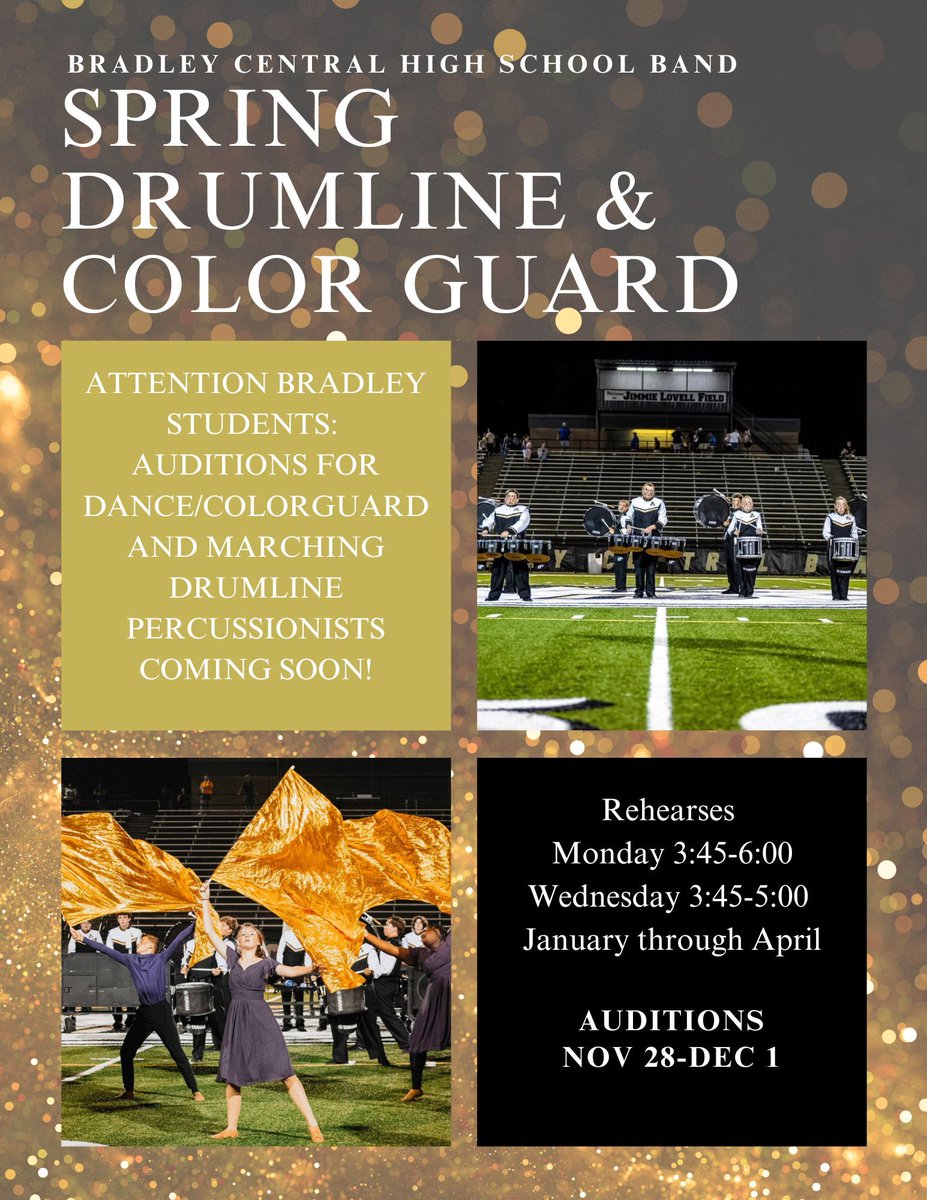 Spring Drumline and Color Guard workshop and Audition week is here. We start on Tuesday, November 28, and continue until Friday, December 1 with daily sessions from 3:45-5:00.