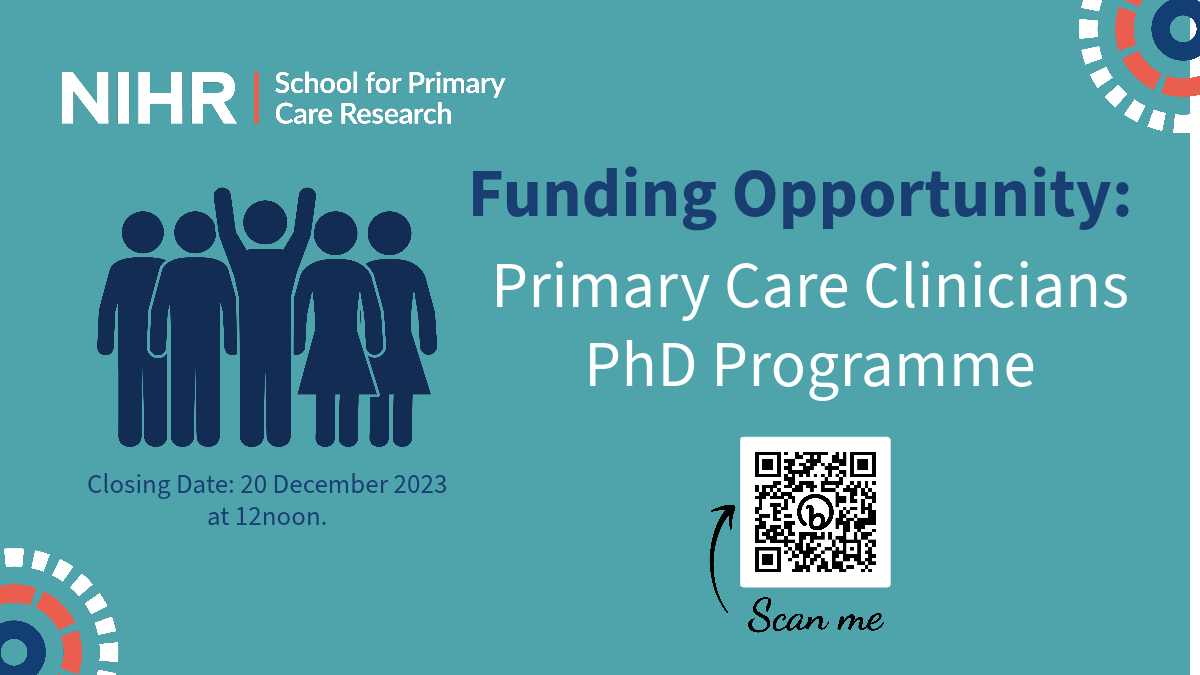 4 weeks left to apply for our Primary Care Clinicians #PhD programme. Applicable to #PrimaryCare #clinicians incl. GPs,  nurses, health visitors, dentists, pharmacists &amp; optometrists: bit.ly/SPCR-PHDPCC 🗓️Closing Date: 12noon, 20 Dec 2023
<a href="/NIHRSPCR/">NIHR School for Primary Care Research</a>
<a href="/wellcometrust/">Wellcome</a>
<a href="/sapcacuk/">SAPC</a>