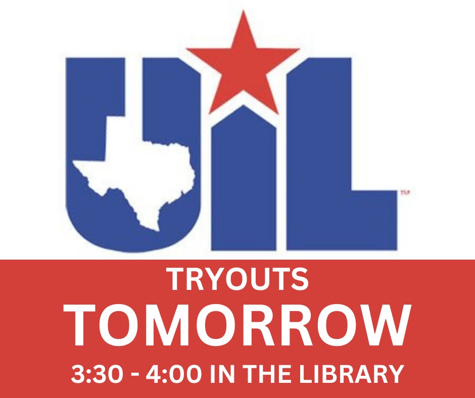 UIL tryouts for 2nd through 5th graders will be held tomorrow, Nov. 28th, from 3:30 to 4:00 in the library. If students make a team, they will be committing to staying from 3:15 to 4:15 on 12/12, 1/9, 1/16, and 1/23. The district competition will be held after school on 1/29.