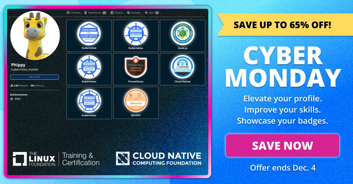 Save 50% on Courses & Certifications, & 65% on Bundles from #CNCF & the #LinuxFoundation during the Cyber Monday sale! If you've been thinking about upleveling your skills, now is the time! 📚 🎓 The offer is valid until Monday, December 4. Save now: training.linuxfoundation.org/cyber-monday-c…