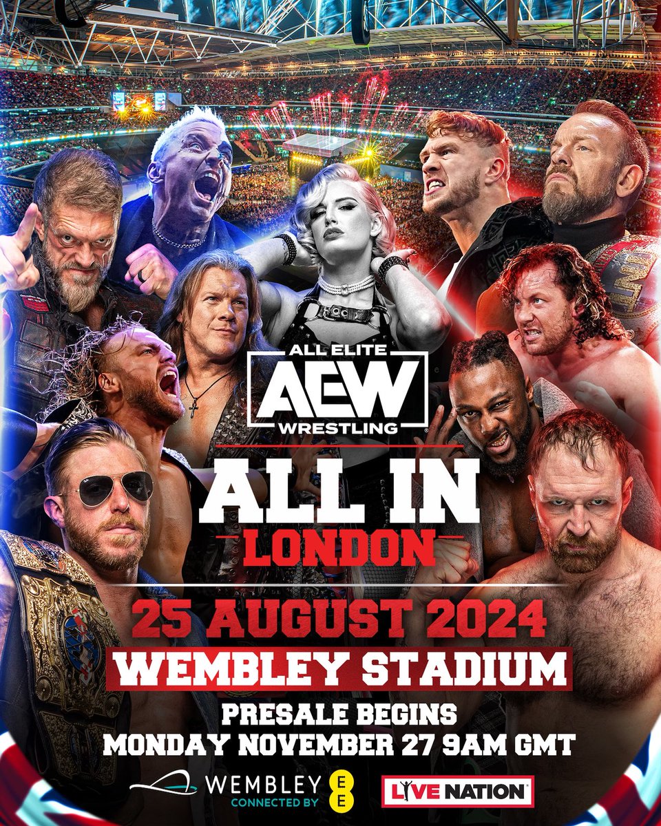 Excited for #AEWAllIn London on sale week. If you preregistered or are an AEW VIP check your email for a unique code to buy tix TOMORROW, 11/27 before everyone else. General on sale is Friday 12/1 @ 9A GMT. Be part of history @wembleystadium. For tix visit ticketmaster.co.uk