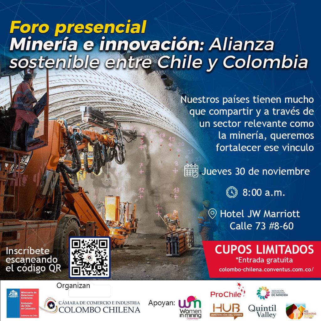 #EventoPresencial || La Embajada de Chile y la Cámara de Comercio e Industria Colombo Chilena, le invitan al foro: “Minería e innovación: Alianza sostenible entre Chile y Colombia”.
 Inscripción: 👇🏼
colombo-chilena.conventus.com.co