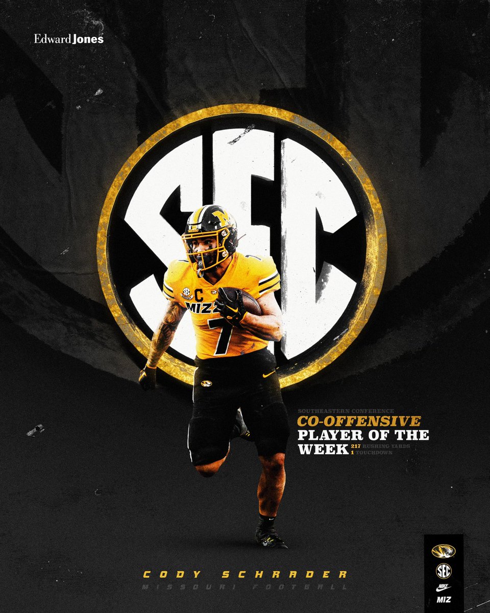 MizzouFootball's tweet photo. Give it to the SCHREDDER 😤. 

Congratulations to @codyschrader_7 for being named @SEC CO-Offensive player of the week!

#MIZ🐯🏈 https://t.co/SpKtr14wBh