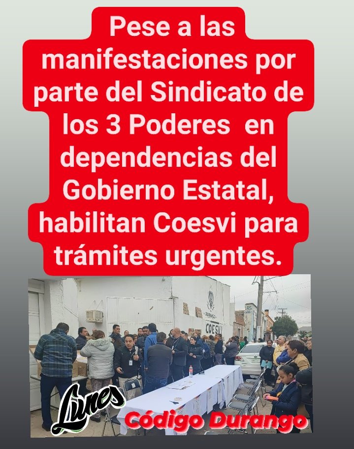 MaryNavaMendoza's tweet photo. Habilitan oficinas del COESVI para atender trámites urgentes por las manifestaciones del Sindicato de los 3Poderes y afectar lo menos posible a los duranguenses con asuntos pendientes en el Gobierno Estatal @SGGDurango @COESVI @gobdgo https://t.co/TVDL5Fyrwt
