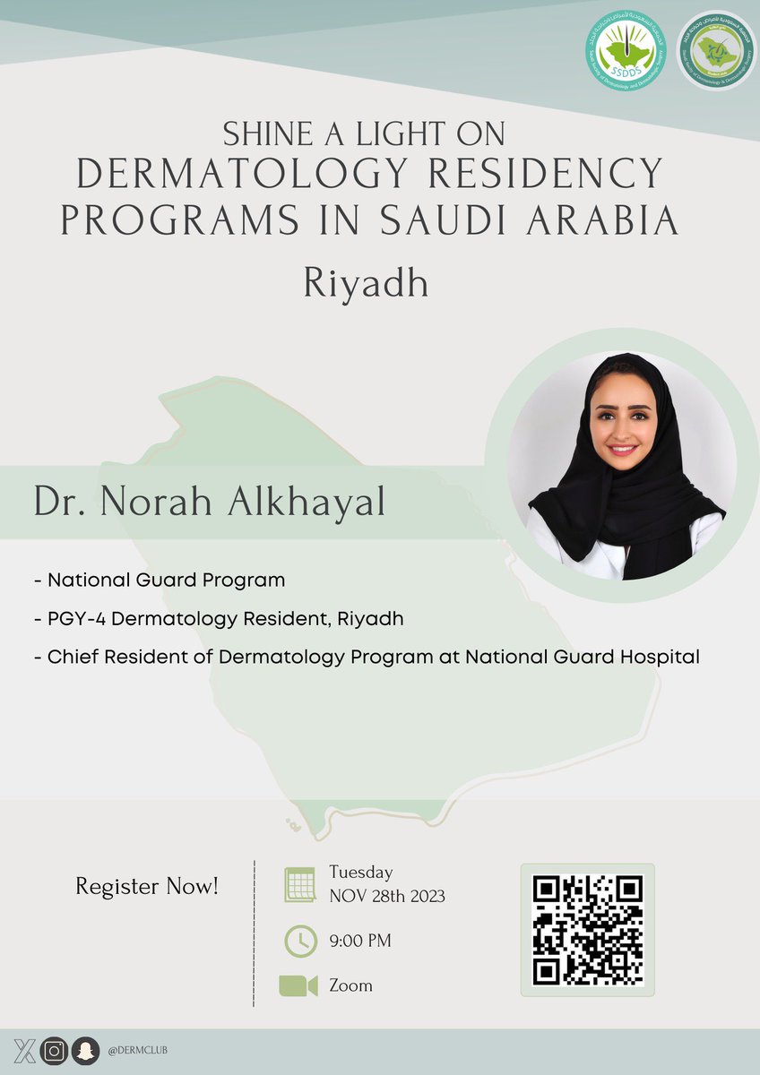 DermClub's tweet photo. @asem_shadid Reminder🚨

The webinar is coming up soon!

📍 Riyadh 
🎙️ Dr. Norah Alkhayal 
🗓️ Tuesday, November 28th, 2023
🕗 9:00 pm

🔗Register now https://t.co/kH4pjNcJvN https://t.co/eflg5BhDRV