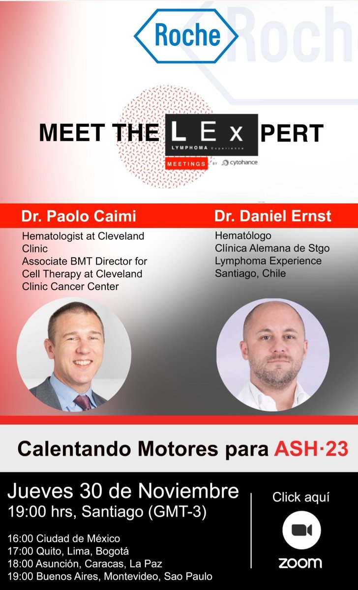 Lymphoma Experience (@lymphomaex) on Twitter photo 🔔 Meet the LExpert - <a href="/paolocaimiMD/">Paolo F. Caimi</a> & <a href="/cytohance/">Daniel Ernst</a>
Calentando motores para #ASH23
A que estar atento.
Jueves 30/11, 19:00 hrs chile (GMT-3)
Link en el newsletter o solicitalo por DM
Revisa horario en tu país 👇 🔔 Meet the LExpert - <a href="/paolocaimiMD/">Paolo F. Caimi</a> & <a href="/cytohance/">Daniel Ernst</a>
Calentando motores para #ASH23
A que estar atento.
Jueves 30/11, 19:00 hrs chile (GMT-3)
Link en el newsletter o solicitalo por DM
Revisa horario en tu país 👇