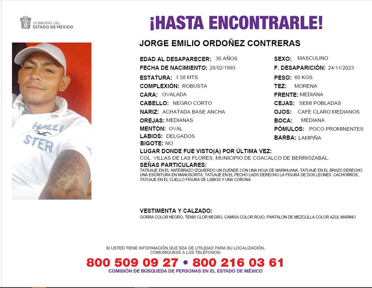 Solicitamos de tu apoyo en difusión para dar pronta localización a Jorge Emilio Ordoñez Contreras, comunícate a los teléfonos de COBUPEM 800 216 0361, 800 509 0927. #TodosEnLaBúsqueda