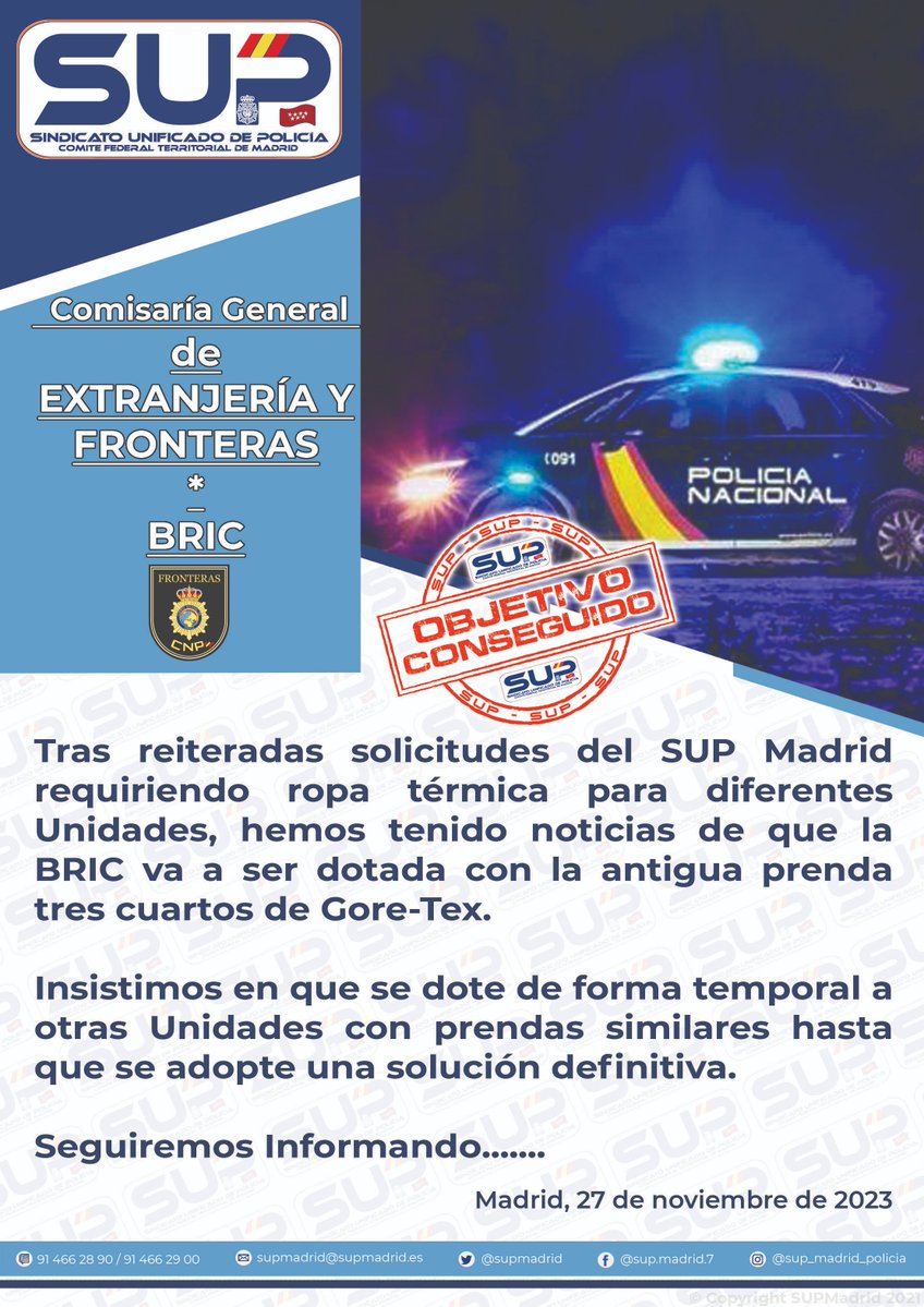 supmadrid's tweet photo. 🎯#ObjetivoConseguido 
 🔄Tras reiteradas solicitudes del #SUPMadrid requiriendo ropa térmica🥶para diferentes Unidades, hemos tenido noticias de que la #BRIC va a ser dotada con la antigua prenda  tres cuartos de #GoreTex 🧥
#45AñosATúServicio 
https://t.co/zu97kh762C https://t.co/opWkb3P5OD