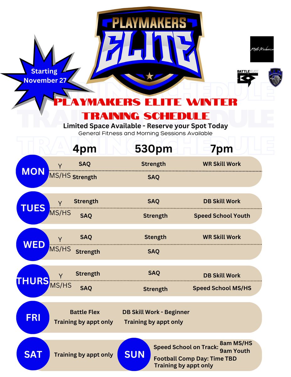 pme_areyouone's tweet photo. Schedule for winter..Some skill position training subject to change due to coaches still in the playoffs.
Limited availability, Rsvp your spot today!
#outworktheimpossible https://t.co/GbFHM2iLb4