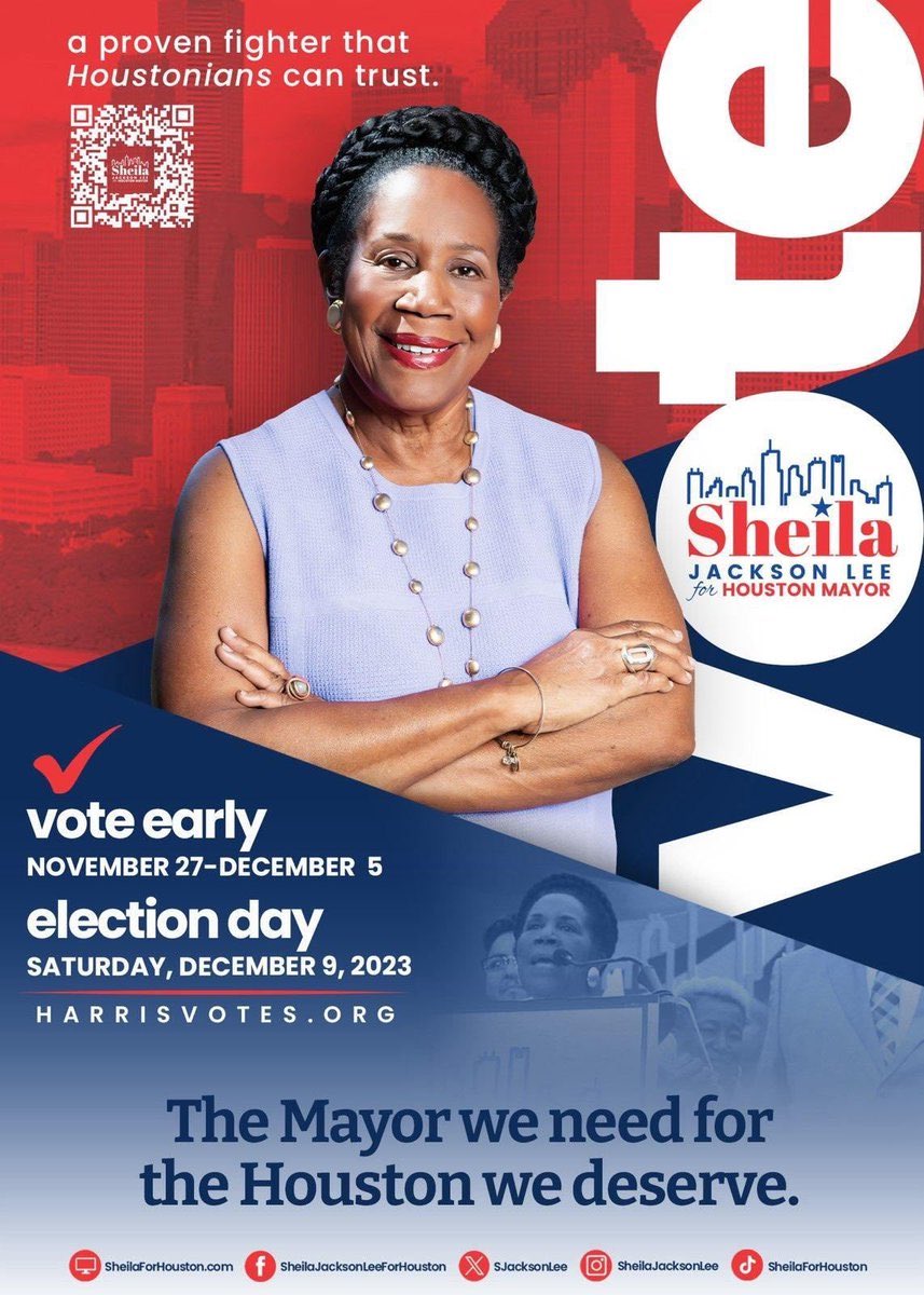 #VoteBlue #wtpBLUE WE THE People wtp2164   Sheila Jackson Lee is running to be the next mayor of Houston, TX   Early voting started on Nov 27th and election day is Dec 9th   Sheila Jackson Lee is running to rebuild infrastructure, lower crime, house the homeless, and to defend…