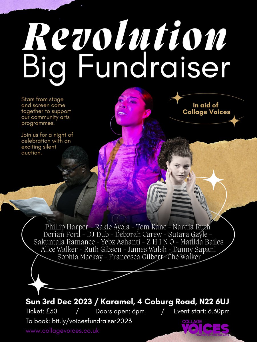 Do not miss @CollageVoices fundraiser this weekend Full of music and spoken word, the evening will bring together stars from the stage and screen, including @DannySapani @RakieAyola Dorian Ford, Nadia Ruth and many more 🎟️Get your ticket: shorturl.at/uvMRW