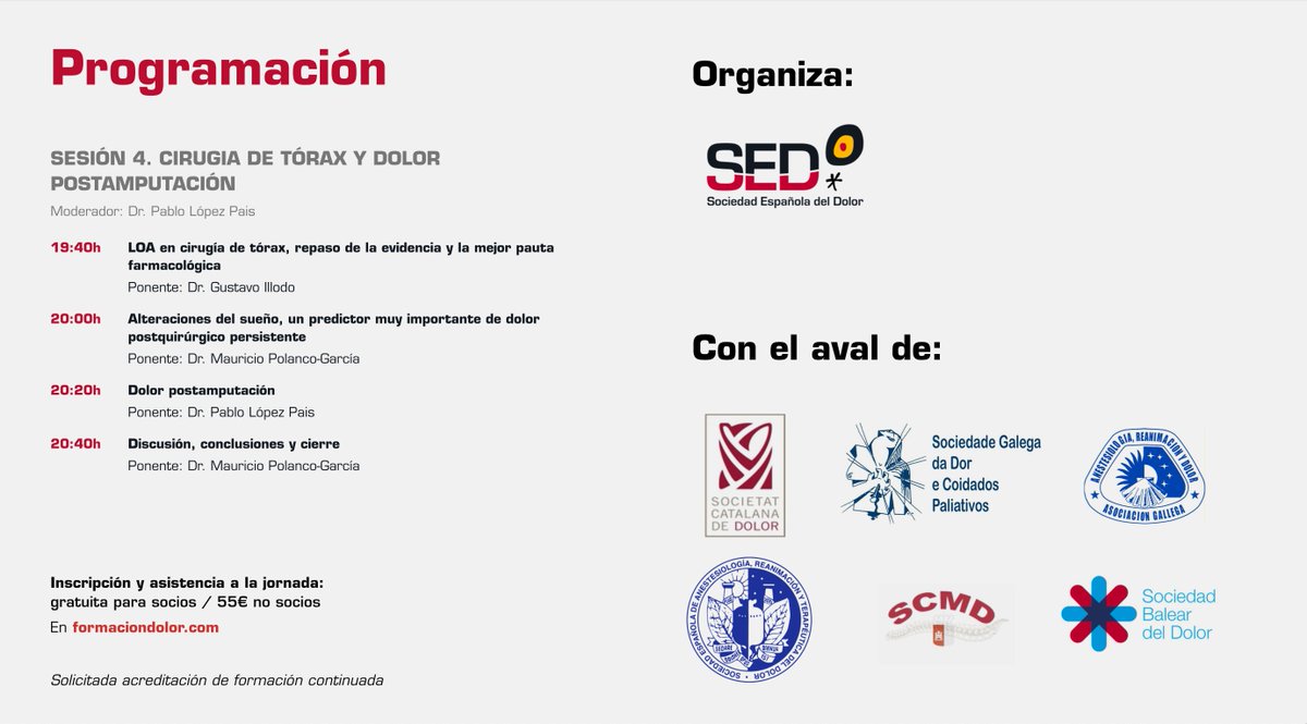 🔴PROGRAMA Jornada del GTSED de Dolor Agudo. "Del dolor agudo al dolor postquirúrgico persistente, ¿qué sabemos, cómo prevenirlo y cómo tratarlo?  

📆15 de DICIEMBRE 📺ONLINE  INSCRIPCIÓN👇   
formaciondolor.com/evento/jornada… 

16:00. Bienvenida y presentación.
Dr. Mauricio