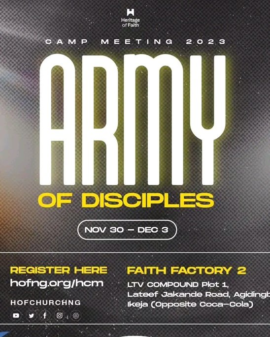 AdedoyinAmos's tweet photo. Join me for Heritage Camp Meeting 2023 @hofchurch_ng 

This Thursday till Sunday
November 30 - December 1 at Faith Factory II

LTV 8 Compound
Plot 1 Lateef Jakande road
Opposite coca-cola bottling company

Agidingbi
Ikeja
Lagos State 

It's 2 days to go🥳 https://t.co/z6gnFMqP0T