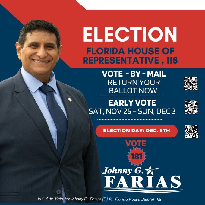 #VoteBlue #wtpBLUE WE THE People wtp2163   Florida, you have a special election for #HD118 and Johnny G. Farias is the Democrat we need to get elected   Johnny has dedicated his career to fighting to protect our rights and freedoms   He will tackle the insurance crisis that is…