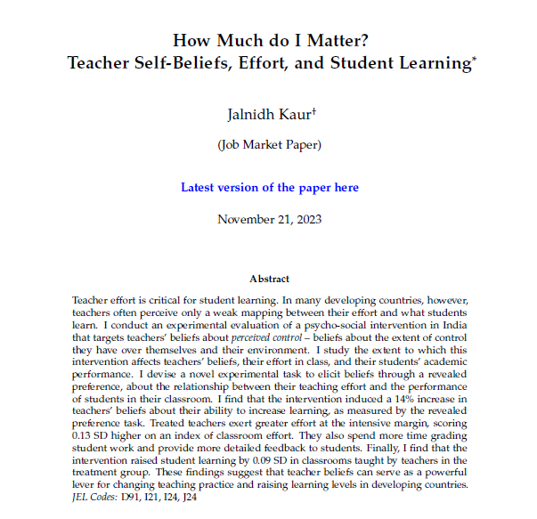 kaurjalnidh's tweet photo. Teachers are a powerful influence on student learning.

What happens when teachers stop believing that their effort matters for student learning?

In my JMP, I document the wide prevalence of such beliefs and investigate their role in shaping teacher effort + student learning 🧵 https://t.co/7OlZtZZdrR