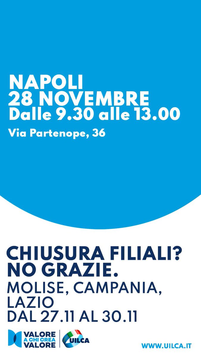 Chiusura delle filiali? NO grazie! Domani, 28 novembre, in via Partenope, a Napoli, una nuova tappa del tour itinerante della UILCA contro la desertificazione bancaria. Dalle 10:00 alle 13:00 l'incontro coi giornalisti per approfondire l'impatto socio -economico sul territorio.