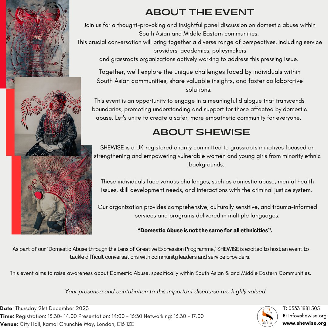 SHEWISE Presents: Looking at Domestic Abuse Through the Lens of Creative Expression. Booking available on: eventbrite.co.uk/e/a-thousand-c… 

#DomesticAbuse #women #charity  #community  #eventsinlondon #southasian  #MiddleEastern #enddomesticviolence #butnaturalphotography #cityhall