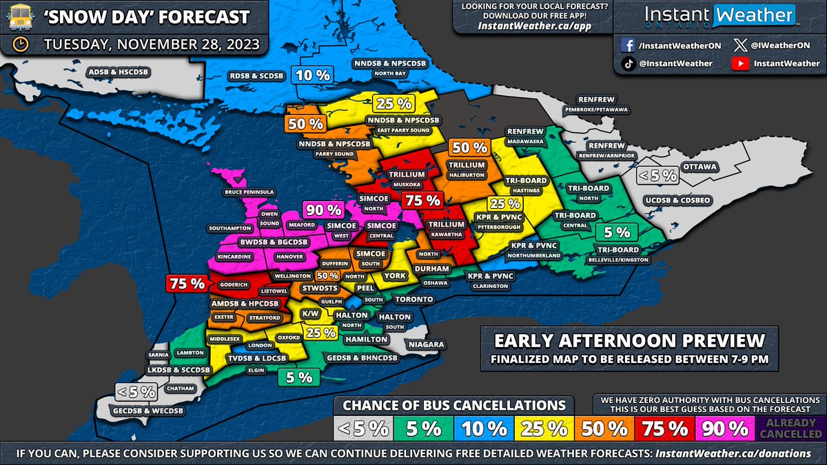 #ONStorm #ONwx 🚌 [PREVIEW] ‘Snow Day’ Forecast: Widespread School Bus Cancellations Expected on Tuesday in Parts of Southern Ontario Due to Significant Snow Squalls ❄️

📅 Tuesday, November 28, 2023

⤵️ VIEW TOMORROW'S FORECAST PREVIEW HERE
instantweatherinc.com/ontario/foreca…

IMPORTANT: