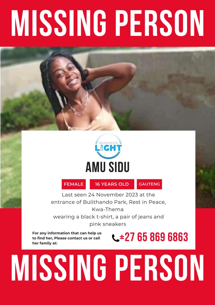 abundance_light's tweet photo. 🚨MISSING PERSON🚨

Please help us find AMU SIDU from Kwa-Thema, she was last seen at Bulithando Park wearing a black T-shirt, jeans and pink sneakers‼️ 

If you have any information please DM us or contact +27 65 869 6863 https://t.co/UNhW5Cu9je