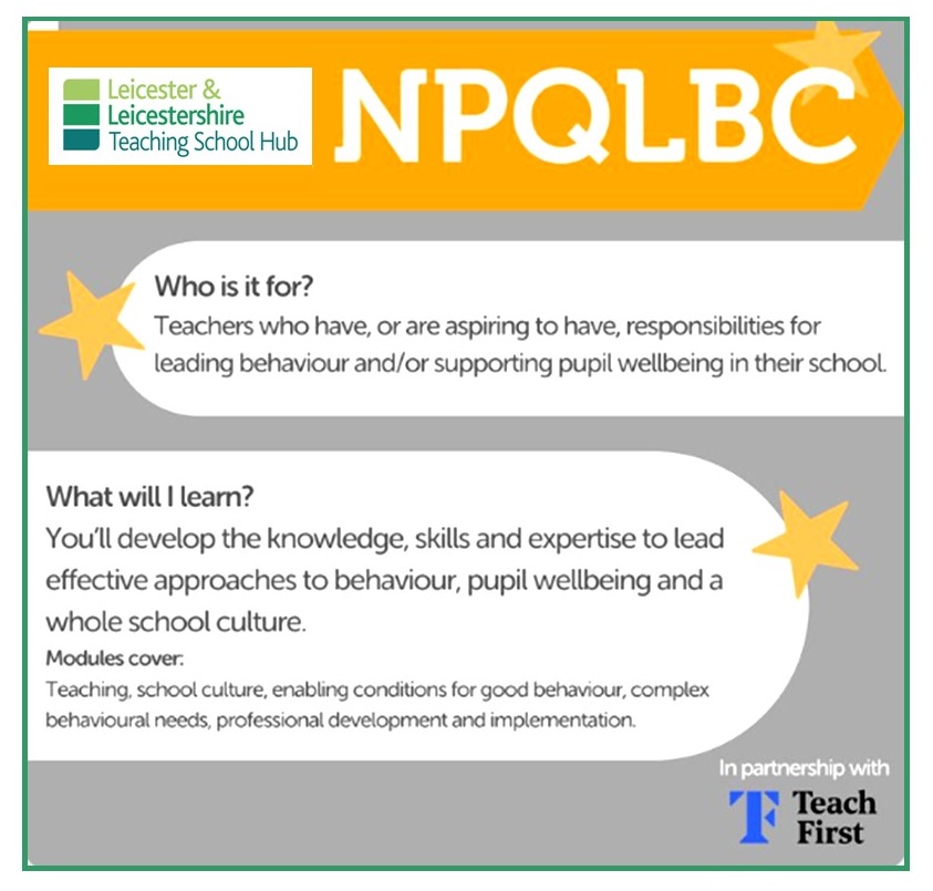 LeLTSH's tweet photo. Are you a teacher/support colleague who has, or aspires to have, responsibility for leading behaviour/pupil wellbeing? #NPQLBC will give you the essential knowledge/skills that underpin successful leadership of culture &amp; behaviour. FUNDED places available https://t.co/h4eeynCJ02 https://t.co/fNGL1PsX0b