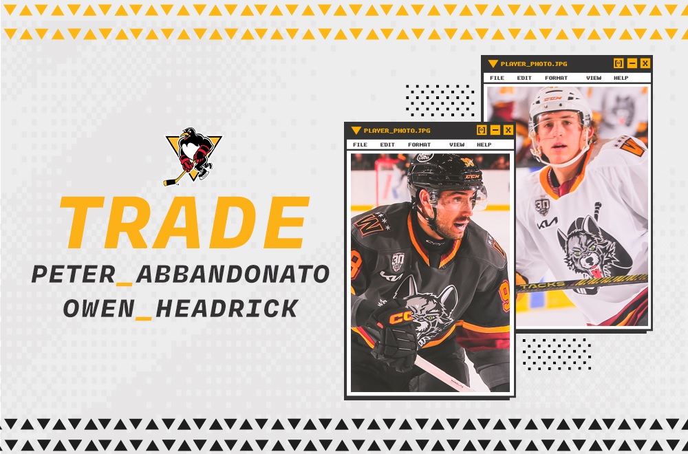 The Penguins have completed a trade with the Chicago Wolves to acquire forward Peter Abbandonato and defenseman Owen Headrick in exchange for future considerations. wbspenguins.com/2023/11/27/pen…