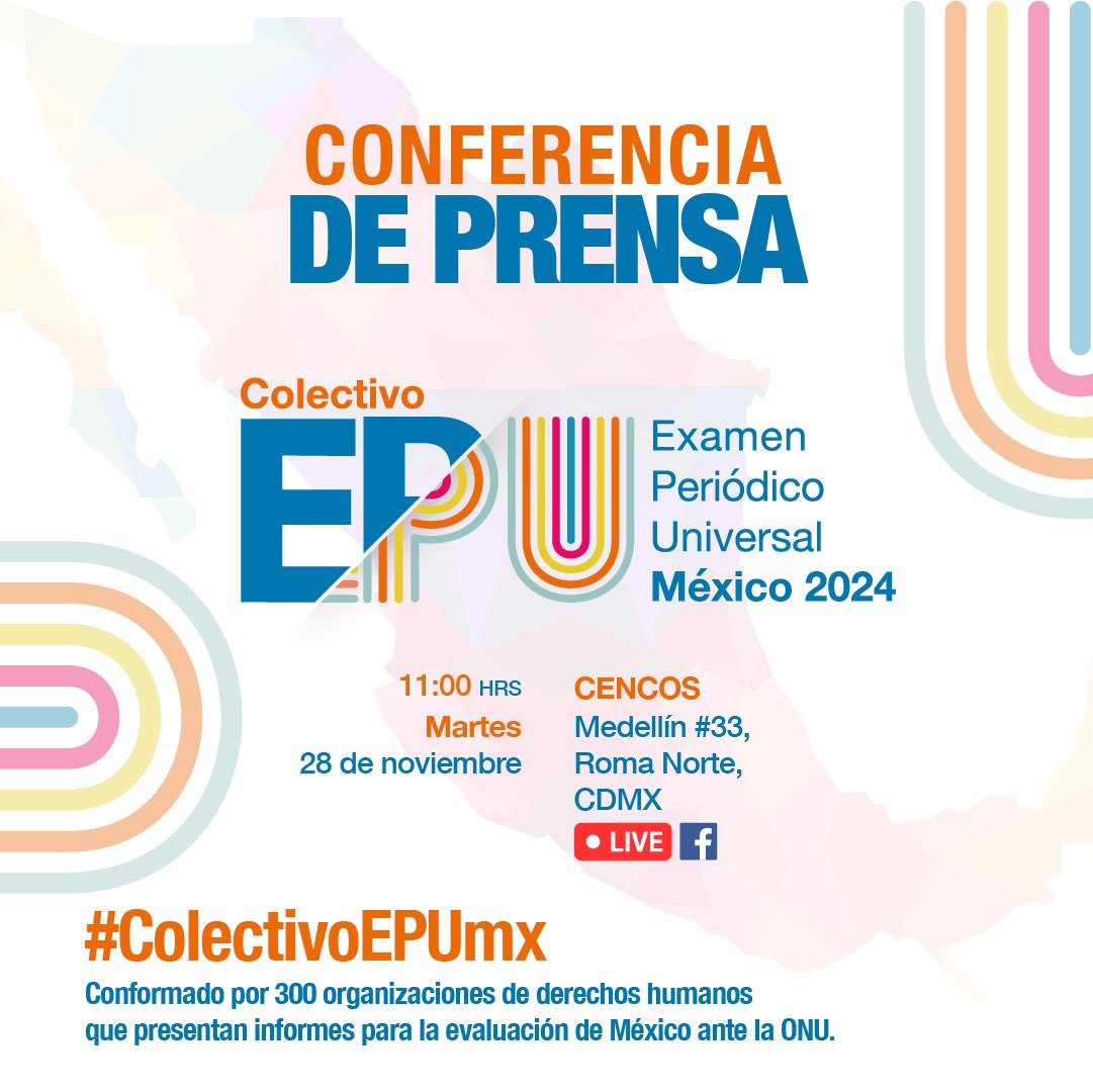 #EnAgenda 👉🏾 #ConferenciaDePrensa 

Más de 300 organizaciones, colectivos y redes de #DDHH presentamos 18 informes para la evaluación de #México 🇲🇽 ante la ONU 🇺🇳

🗓Martes 28 de noviembre 
⏰11:00 am 
📍Medellin # 33 #CDMX / <a href="/cencos/">Cencos</a> 

📺 Facebook live: <a href="/cencos/">Cencos</a>