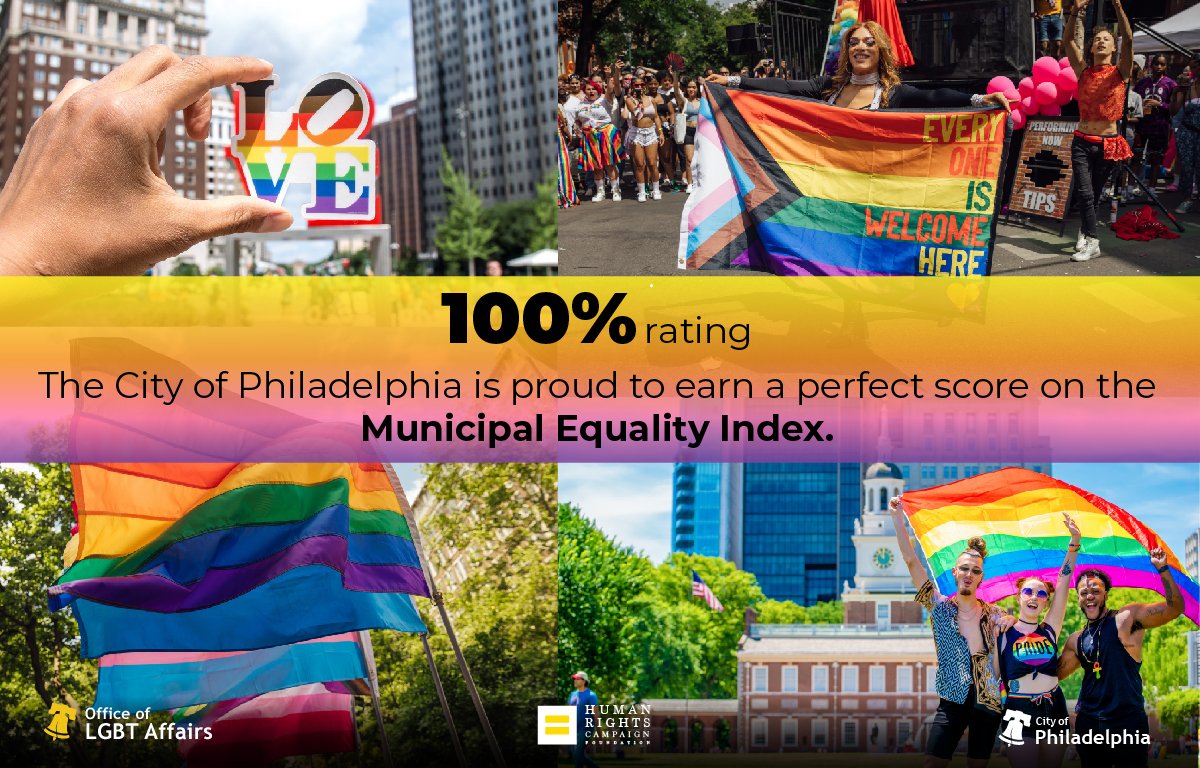 We’re proud to announce that Philadelphia has earned a 100 on @HRC’s 2023 Municipal Equality Index! Our city will continue working to ensure our LGBTQ+ community is safe, welcomed & respected. Learn more about this year’s scorecard: hrc.org/MEI #MEI2023