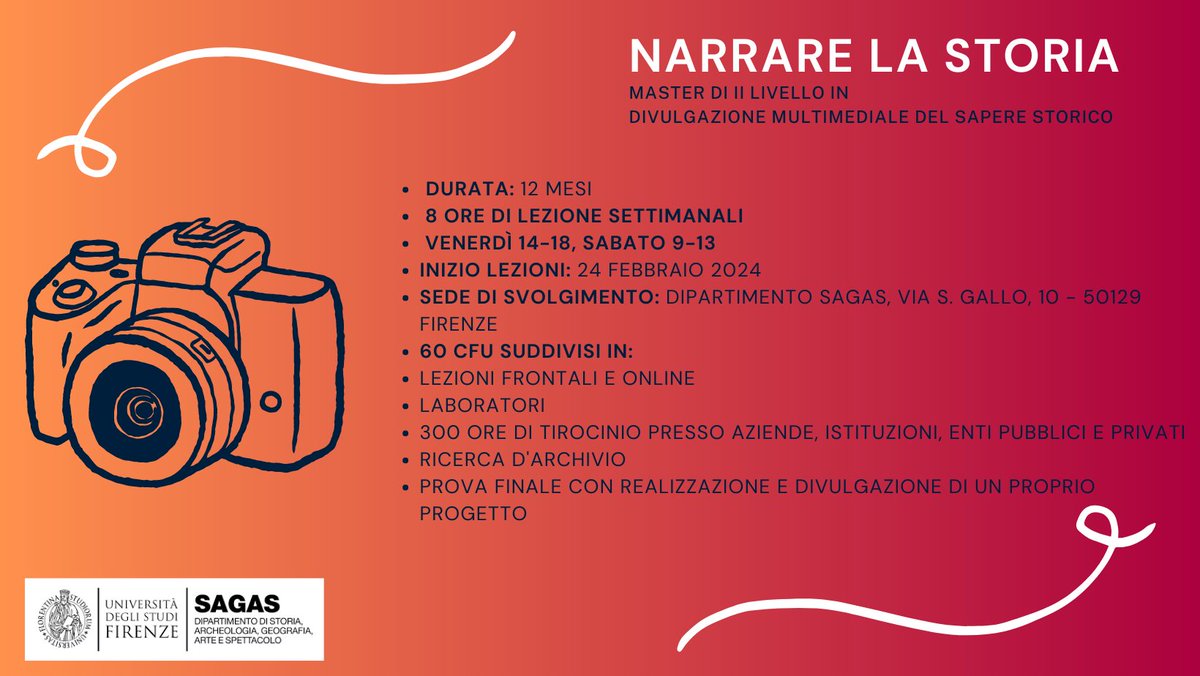 la_unifi's tweet photo. ISCRIZIONI APERTE
per 
"NARRARE LA STORIA"
Master di II livello in Divulgazione Multimediale del Sapere Storico dell'Università di Firenze.
Per maggiori informazioni consultate il nostro sito: https://t.co/odPn7Ytjnk...
Scadenza per la domanda di ammissione: 15 gennaio 2024 https://t.co/XNl0eCFWun