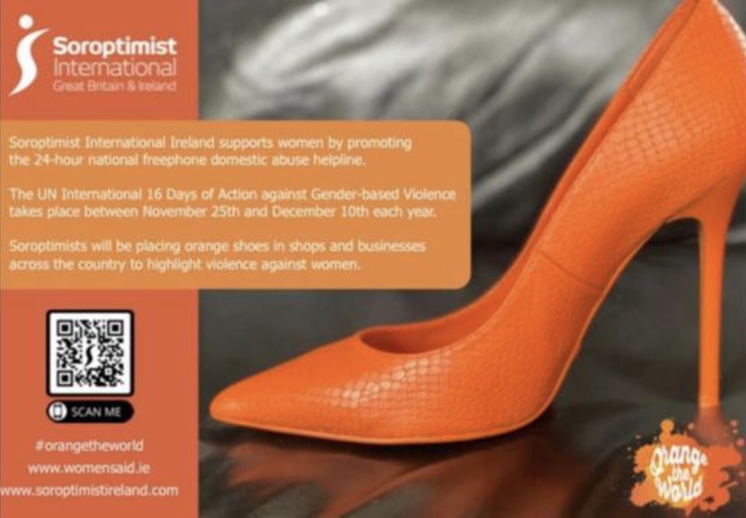 Look out for Orange High Heels 👠 in your town as <a href="/SoroptiTweet/">Soroptimist International</a>’s Irish clubs promote UN’s #16DaysAgainstGBV &amp; #OrangeTheWorld campaigns- I met members in #Ennis <a href="/drivetimerte/">Drivetime RTE</a> <a href="/Womens_Aid/">Women's Aid Ireland</a> <a href="/havenhorizons/">Haven Horizons - Eliminating Domestic Abuse</a> <a href="/ClareCoCo/">Clare County Council</a>