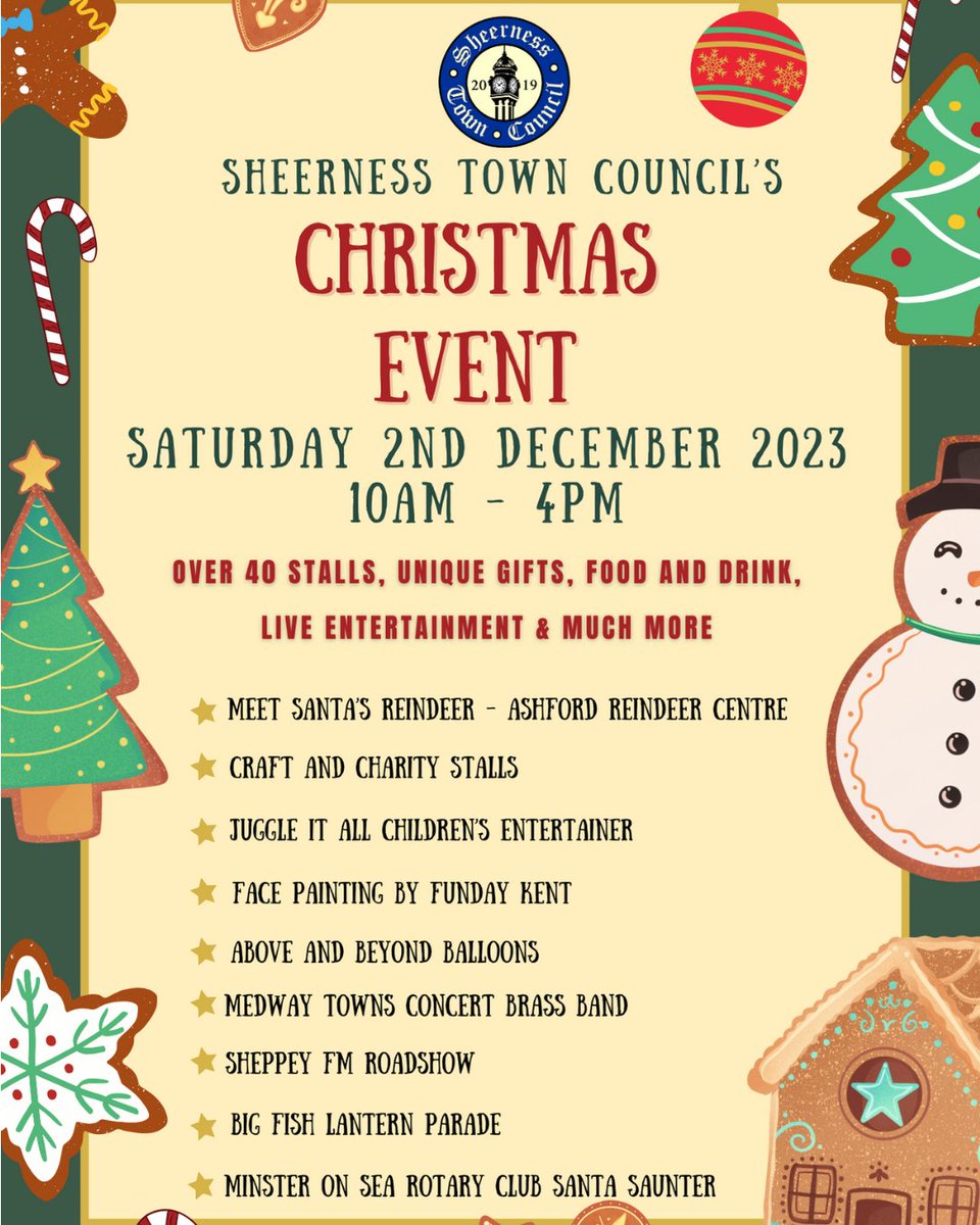 Today, Sheerness Town Council are holding their annual Christmas event!

From 10am-4pm, you’ll find over 40 stalls with unique gifts, food &amp; drink, plus live entertainment.

You’ll even be able to meet Santa’s reindeer! 🦌

Head to Sheerness Town Centre for some festive fun! 🎄🎅