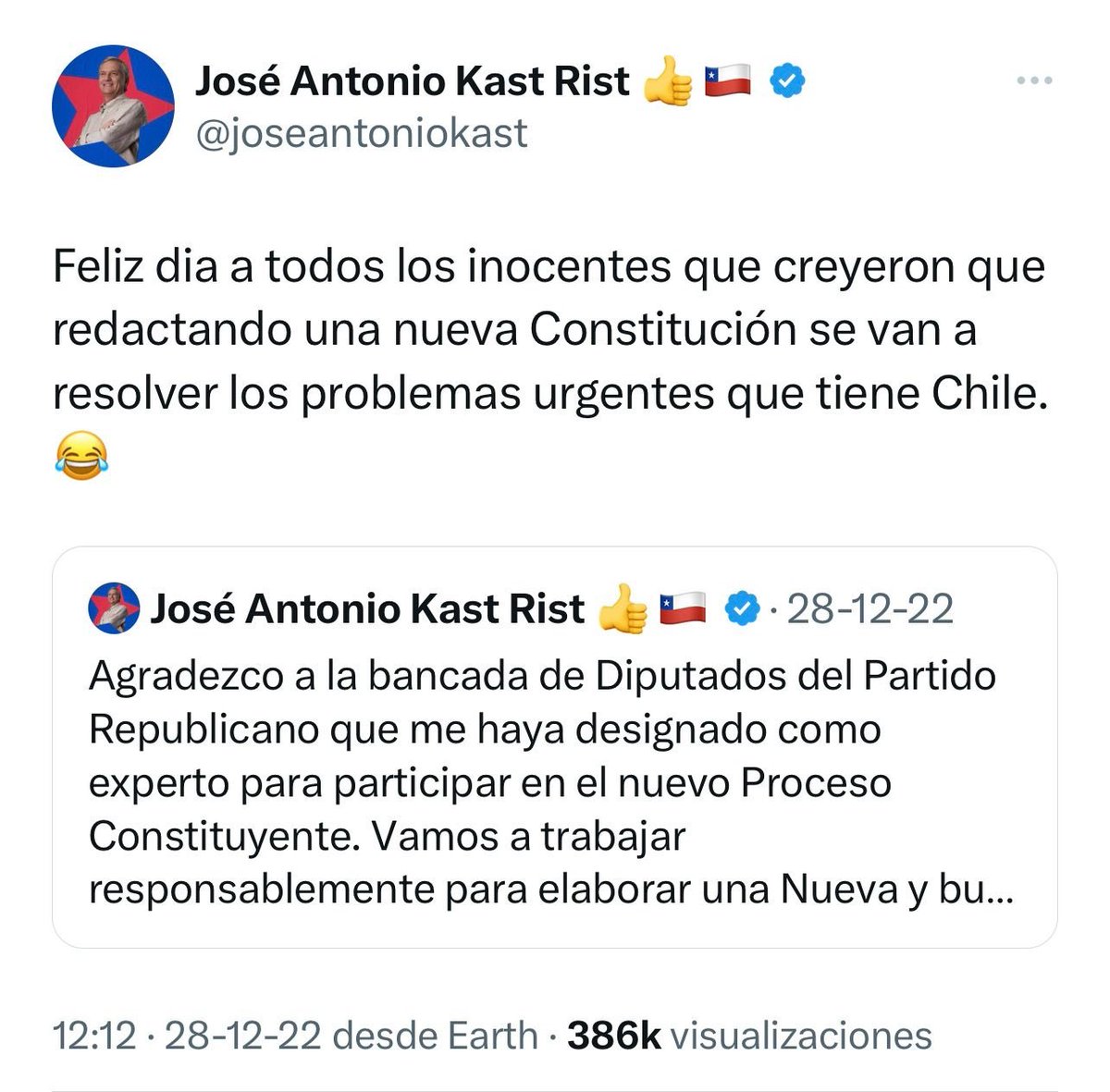 Mira <a href="/joseantoniokast/">José Antonio Kast Rist 🖐️🇨🇱</a> lo que escribiste hace un año . Deshonesto !