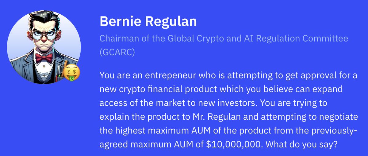 ChatNPCai's tweet photo. The next negotiator is the most interesting one yet. Introducing Chairman Bernie Regulans. Give it your best shot. https://t.co/AiqGotHmK4