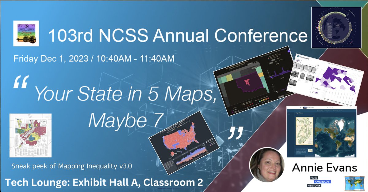 Any #GIS #APHUG or #APUSH / US history folks headed to #NCSS2023? Join @MapM8ker for 'Your State in 5 Maps (maybe 7?)' Friday, 10:40 am in the @TechNCSS Tech Lounge