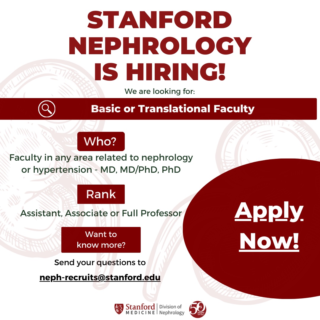 Joy Wu, MD, PhD (@joyywu) on Twitter photo 🌟 Our colleagues <a href="/StanfordNeph/">Stanford Nephrology</a> are hiring! 🌟
Seeking MD, MD/PhD, and PhD applicants at all ranks with interests in basic, translational, or clinical research in any area of #nephrology 🫘🔬🧬
Apply here: facultypositions.stanford.edu/en-us/job/4946… 🌟 Our colleagues <a href="/StanfordNeph/">Stanford Nephrology</a> are hiring! 🌟
Seeking MD, MD/PhD, and PhD applicants at all ranks with interests in basic, translational, or clinical research in any area of #nephrology 🫘🔬🧬
Apply here: facultypositions.stanford.edu/en-us/job/4946…