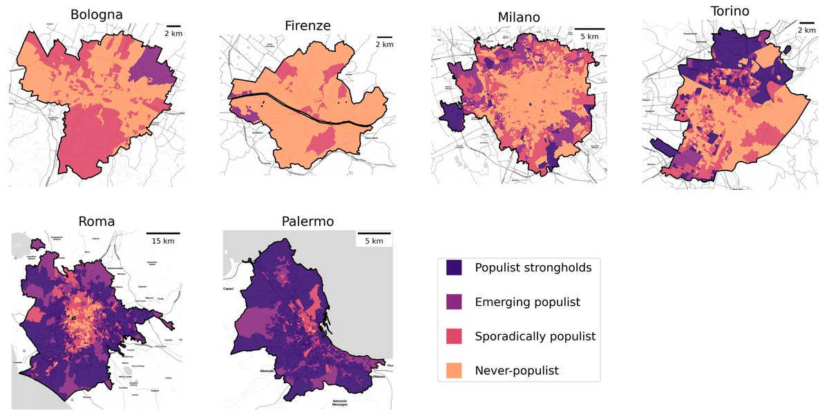 THE URBAN ROOTS OF POPULISM🏢. In a new paper 📄out in @eursjournal with @CrulliMirko we study within-city electoral support for populism in Italy (2013-22) through granular data 🗺️🗳️. We identify four types of precincts based on the last three general elections.