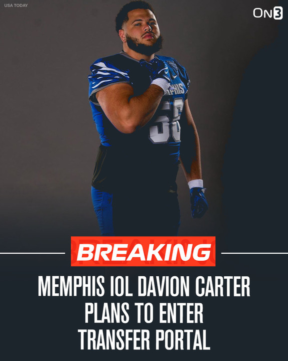 Memphis IOL Davion Carter plans to enter the NCAA transfer portal. 

Carter will be a hot target when the portal opens, one of the top lineman in the country👀
on3.com/transfer-porta…